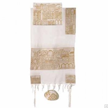 תמונה של סט טלית מכותנה עם ריקמה בעבודת יד "ירושלים העתיקה" (זהב) - יאיר עמנואל