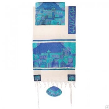 תמונה של סט טלית מכותנה ומשי "שערי ירושלים" (כחול) - יאיר עמנואל