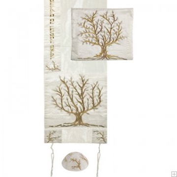 תמונה של סט טלית ממשי רקום "עץ החיים" (זהב) - יאיר עמנואל