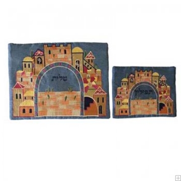 תמונה של תיק לטלית ותפילין עם ריקמה "ירושלים העתיקה" (טורקיז) - יאיר עמנואל 