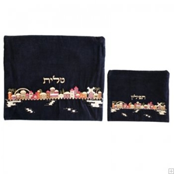תמונה של תיק לטלית ותפילין מקטיפה עם ריקמה "ירושלים העתיקה" (צבעוני) - יאיר עמנואל 