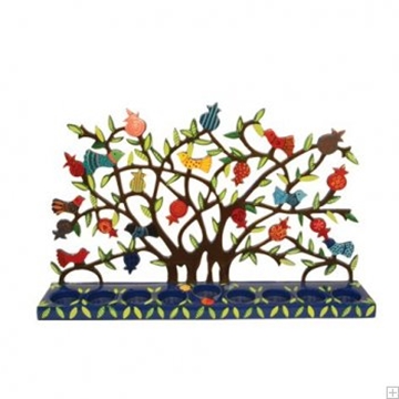 תמונה של חנוכיה צבועה ממתכת חתוכה בלייזר "עץ רימונים וציפורים" - יאיר עמנואל