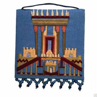 תמונה של קישוט קיר ממשי רקום "בית המקדש" (כחול) - יאיר עמנואל