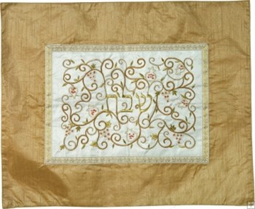 תמונה של כיסוי חלה ממשי עם ריקמה "רימונים" (זהב על לבן) - יאיר עמנואל 