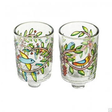תמונה של זוג פמוטים מזכוכית צבועה "ציפורים ופרחים" - יאיר עמנואל