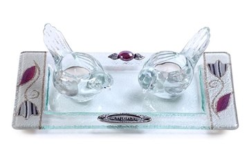 תמונה של סט פמוטים לשבת מזכוכית טי-לייט עם מגש (סגול) - לילי אומנות