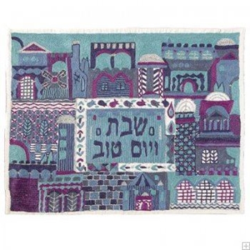 תמונה של כיסוי חלה ממשי עם ריקמה בעבודת יד "ירושלים העתיקה" (כחול) - יאיר עמנואל 