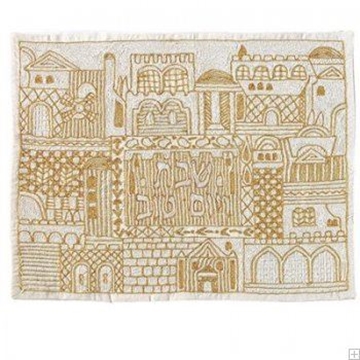 תמונה של כיסוי חלה ממשי עם ריקמה בעבודת יד "ירושלים העתיקה" (זהב) - יאיר עמנואל 