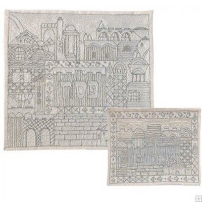 תמונה של סט כיסוי מצה ואפיקומן ממשי רקום "ירושלים העתיקה" (כסף) - יאיר עמנואל