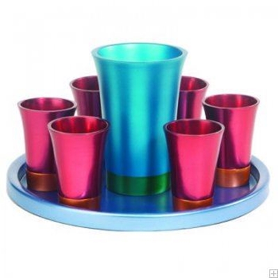 תמונה של סט קידוש מאלומיניום - גביע + 6 כוסות + מגש (אדום) - יאיר עמנואל